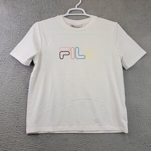 Fila Women's Shirt Size Large White Cropped Short Sleeve Stretchy Fitted Rainbow